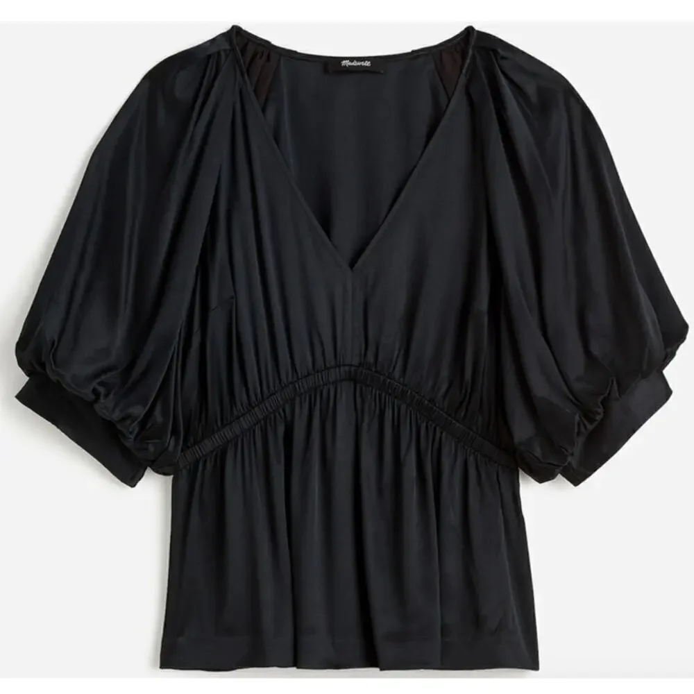 Madewell Shirred Top Satin Puff Sleeve Black NWT XS